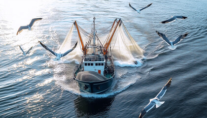 Commercial fishing vessel at cold sea pulling large nets filled with fish surrounded by seagulls. Bright reflections on water, dynamic maritime activity, sea food industry routine days.