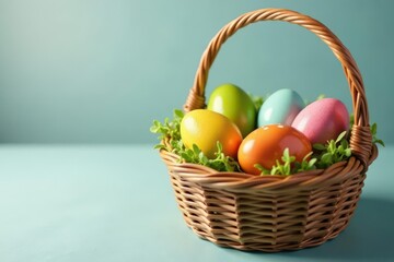 Five vibrant Easter eggs in elegant woven basket , artwork, nature