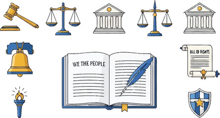 Blue and gold hand-drawn legal and government symbols on white background