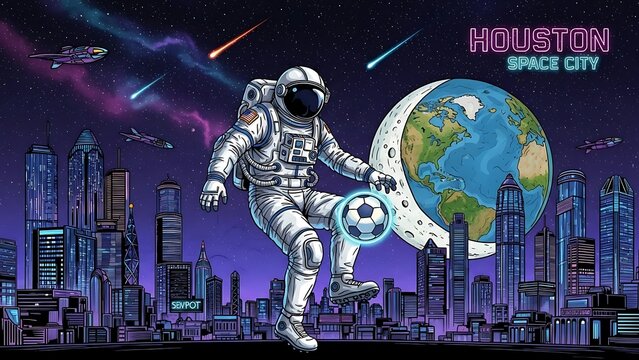 Astronaut Soccer Space Vector - Houston Keepy Uppy World Cup 2026 Cosmic Football Futuristic Sport Galaxy Star Illustration