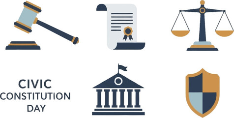 Civic Constitution Day with gavel, document, scales, building, and shield