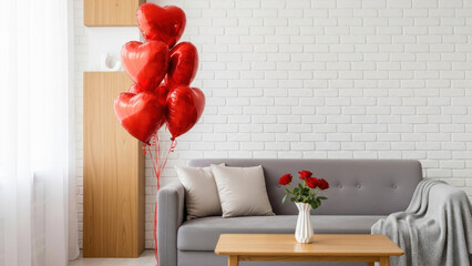 Living room decorated with red heart-shaped balloons and a flower vase.