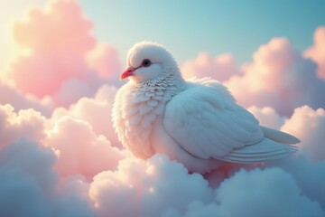 Fluffy pigeon nestled in cloudscape, dreamlike pastels, whimsical, fluffy, pastel