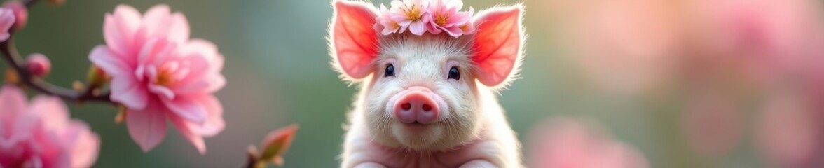 Fluffy piglet wearing flower crown, pink blossoms, young, summer, cute