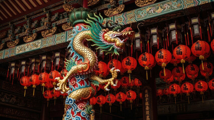 Elaborate dragon sculpture with red lanterns in traditional Asian temple setting.
