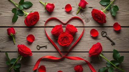 Red roses arranged with ribbon and keys on wooden surface, symbolizing love and secrets.