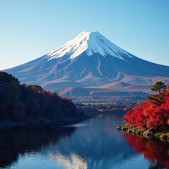 Fuji's snow-capped summit bathed in early morning light, overlooking Lake Kawaguchi , early morning, landmark, volcanic
