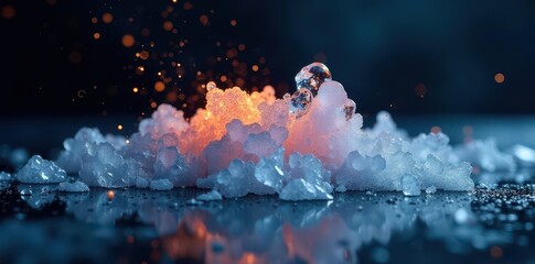 Frozen water combusting against dark backdrop, ice, water, fire