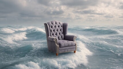 A classic armchair stands alone in turbulent ocean waves under a dramatic, cloudy sky