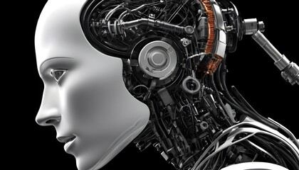 Robotics abstract mechanism, Industrial detail, futuristic model, Concept art head silhouette, abstract robotic, futuristic robot cyborg, 3d rendered illustration of a robot