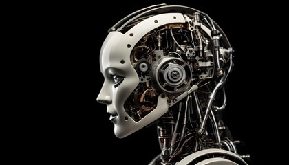 Robotics abstract mechanism, Industrial detail, futuristic model, Concept art head silhouette, abstract robotic, futuristic robot cyborg, 3d rendered illustration of a robot