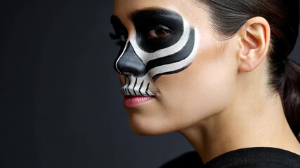 Woman displays intricate skull face paint art in dramatic closeup sequence