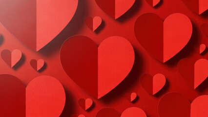 Various red paper hearts arranged on a red background.