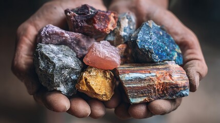 Close-up view of cupped hands holding a colorful assortment of geological specimens