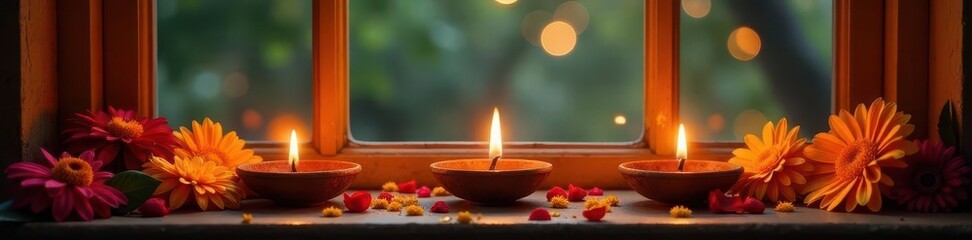 Glowing diyas and marigold blossoms create a festive Diwali windowsill scene , blurry, soft