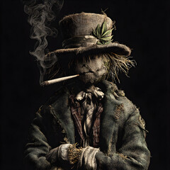 Scarecrow smoking a marijuana weed joint in dark studio portrait