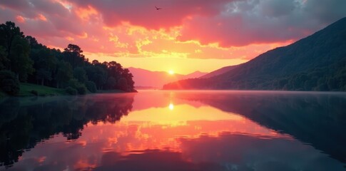 Golden hour illuminates still lake, vibrant colors painted across water, light, tranquil, peaceful