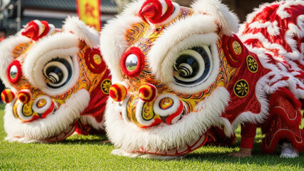 Traditional Chinese lion dance costumes during a cultural celebration.
