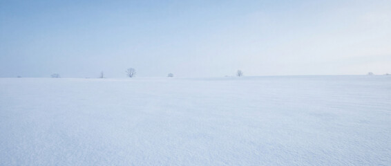 Winter landscape with expansive snow-covered field and distant trees under clear blue sky. Tranquil winter scenery features smooth white snow and serene atmosphere,
