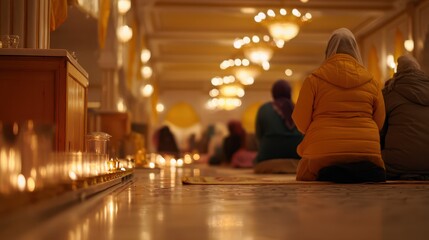 Women praying in mosque, spiritual devotion and worship