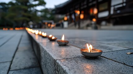 Candles lighting path at japanese temple festival