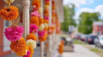 Colorful flower garlands creating festive indian street decoration