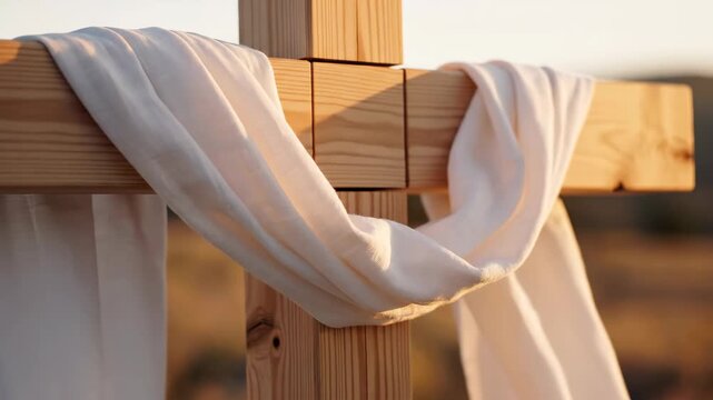 Wooden cross draped with white cloth in golden hour light. Christian symbol of faith and resurrection. Easter and Good Friday concept