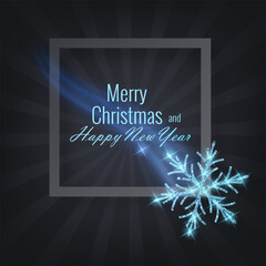 Festive Merry Christmas and Happy New Year vector banner template. Decorated with a brilliant glitter snowflake flying with a magical light trail. The design includes glowing particles, sparks, and a 