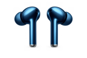 Blue wireless earbuds providing modern audio technology, enjoying music and sound, transparent background