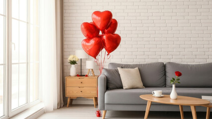 Living room decorated with heart-shaped balloons and a single red rose.