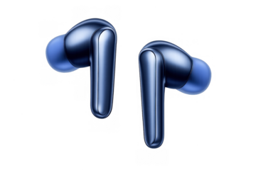 Pair of blue wireless earbuds with metallic finish and soft silicone tips, representing personal audio, mobility, and modern tech