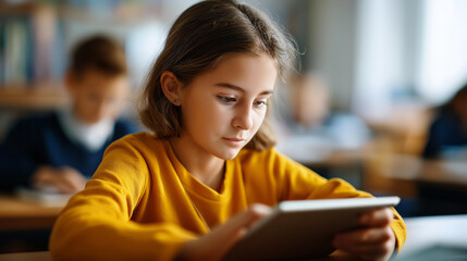 Faceless girl hands studying class with tablet educational technology usage digital learning activity classroom e learning moment student device interaction