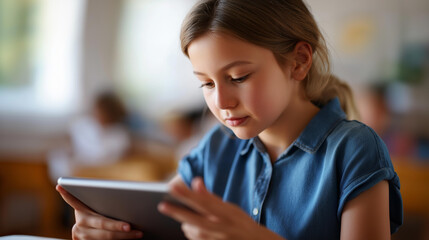 Faceless girl hands studying class with tablet educational technology usage digital learning activity classroom e learning moment student device interaction