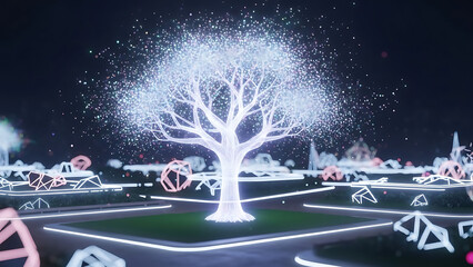 Digital tree in futuristic landscape
