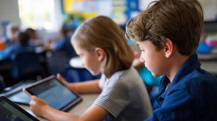 Top view shot elementary school computer science classroom children sitting desk using computers digital tablets assignments educational technology activity