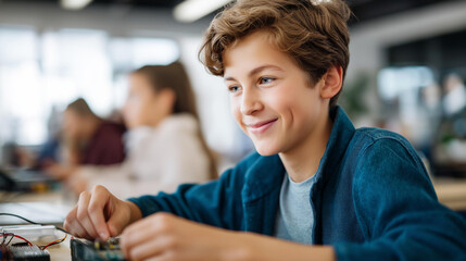 Faceless group diverse teenage students learning build electronic circuits high school technology class classmate working together educational collaboration activity