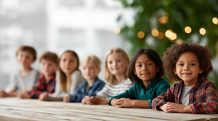 Faceless diverse group children at table modern school environment educational setting display learning space visualization student collaboration area defocused classroom