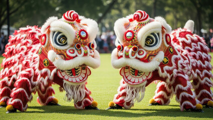 Two colorful lion dance costumes facing each other on a grassy field.