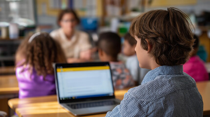 Faceless elementary school science class over shoulder children laptop screen showing programming software physics teacher explains lesson diverse class smart kids