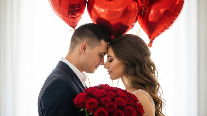 Romantic couple holding roses with heart-shaped balloons in the background.