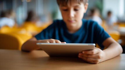 Faceless concentrated diligent schoolboy hands touching using tablet device sitting classroom group schoolchildren modern education technologies concept learning activity