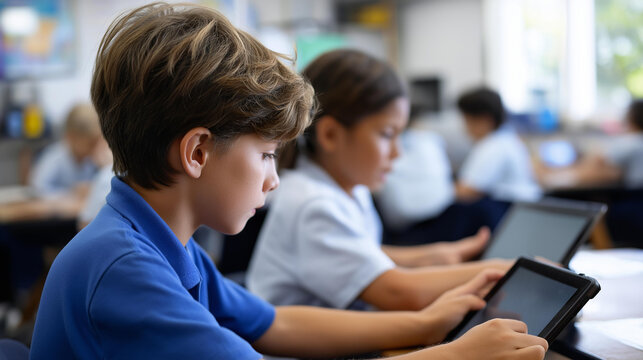 Top view shot elementary school computer science classroom children sitting desk using computers digital tablets assignments educational technology activity - Powered by Adobe
