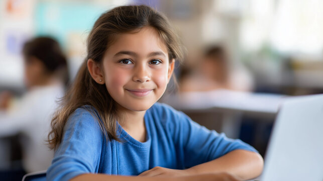 Faceless little girl hands e learning laptop computer science classroom elementary school digital education technology learning activity student engagement moment - Powered by Adobe