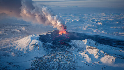 Aerial photo of snow-covered Barda bunga volcano erupting