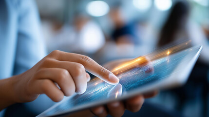 Faceless students hands using tablets classroom e learning displayed large screen digital overlays educational technology learning environment display student engagement