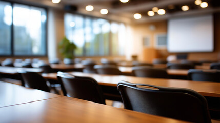 Empty desks arranged rows facing large projector screen modern classroom educational environment visualization learning space display technology infrastructure representation