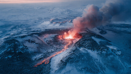 Aerial photo of snow-covered Barda bunga volcano erupting