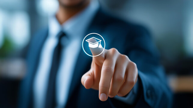 Faceless businessman hand touching virtual screen graduation hat icon representing online education e learning technology concept digital education display learning - Powered by Adobe