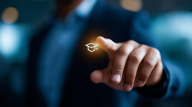 Faceless businessman hand touching virtual screen graduation hat icon representing online education e learning technology concept digital education display learning - Powered by Adobe