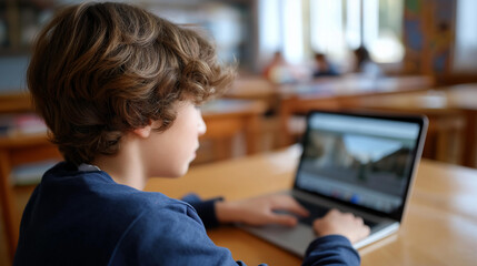 Faceless teacher teaching diverse school kids using laptop classroom educational technology instruction digital learning activity student engagement moment